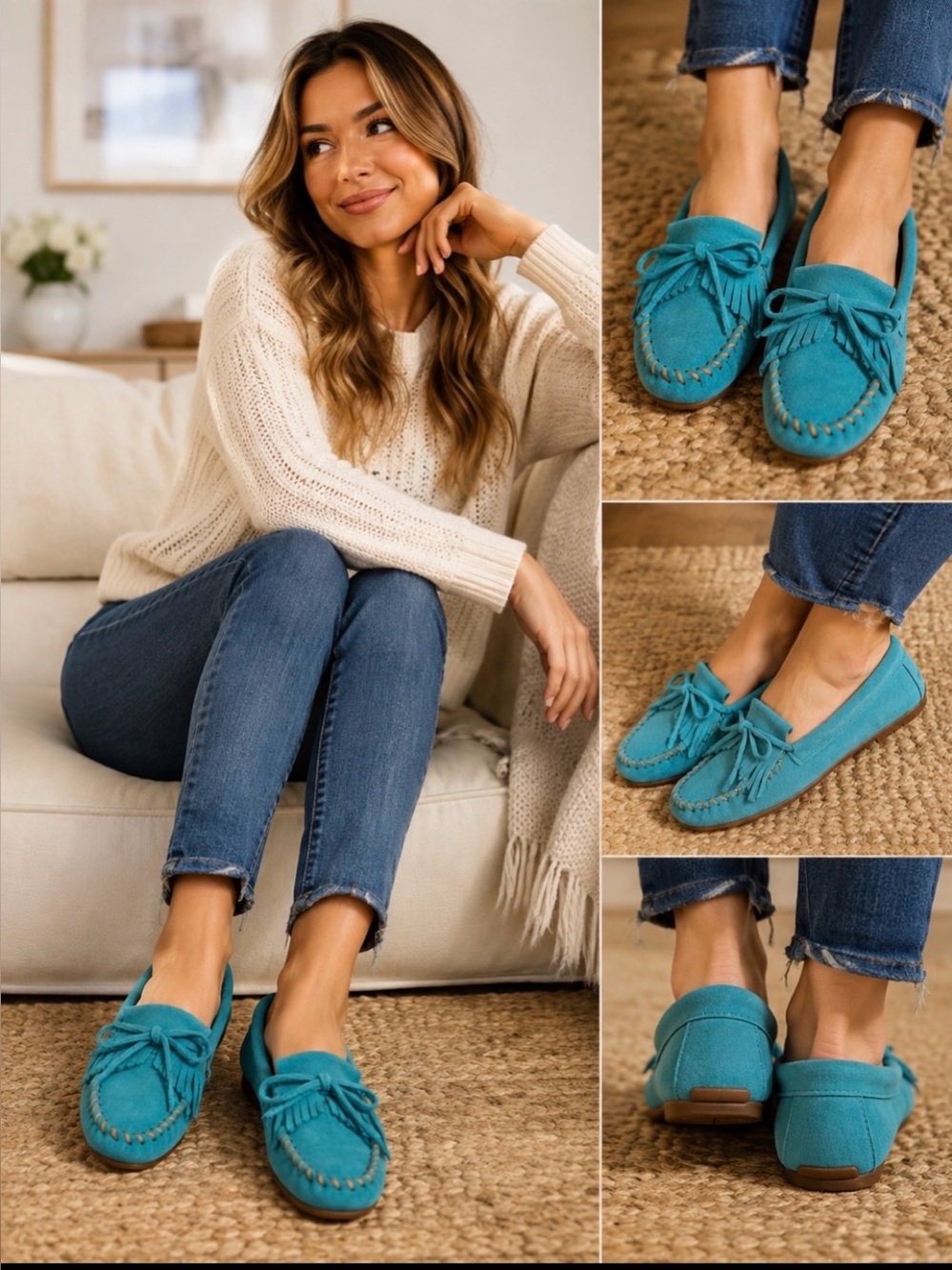 Minnetonka Turquoise Suede Fringe Kilty Hardsole Moccasins